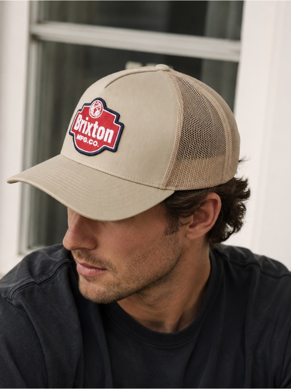 Brixton Men’s Netplus Trucker Hat Tan Mesh Logo Cap Patch NEW
